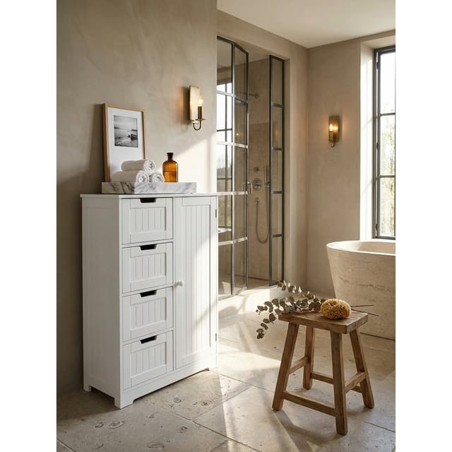 Badschrank Weiß 56 x 83 x 30 cm im Landhausstil aus MDF mit 4 Schubladen und 1 Tür PATTI