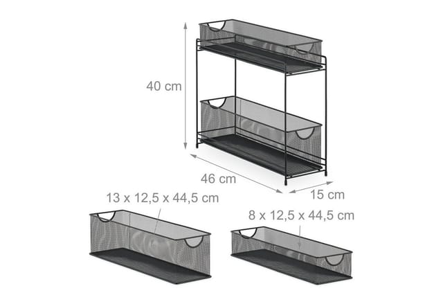 Küchenschrank Organizer, Ausziehbares Unterschrank Regal, 2 Schubladen, Metall, Hbt: 40 X 15 X 46 Cm, Schwarz - Relaxdays