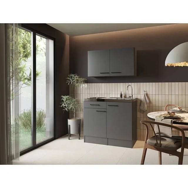 Respekta Miniküche Oliver (Breite: 100 cm, Grau, Mit Glaskeramikkochfeld, Mit Oberschrank)
