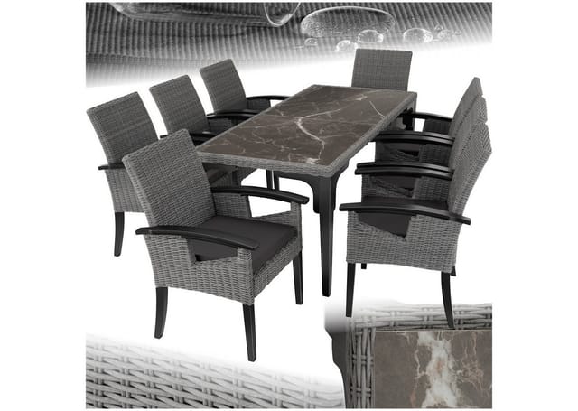 Tectake Rattan Tisch Foggia Mit 8 Stühlen Rosarno Mit Stabilen Holzgestellen 2 Abnehmbare Feinsteinzeugplatten 196 x 87 x 76 cm Grau
