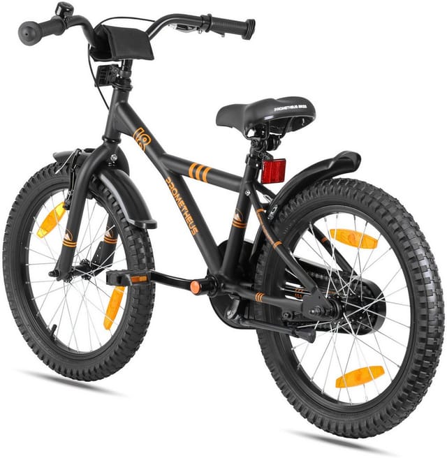 PROMETHEUS BIKES Kinderfahrrad 18 Zoll ab 5 und 6 Jahre mit Stützrädern und Rücktrittbremse Schwarz
