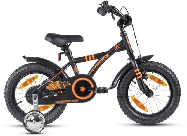 PROMETHEUS BIKES Kinderfahrrad 14 Zoll ab 4 Jahre mit Stützrädern und Rücktrittbremse Schwarz