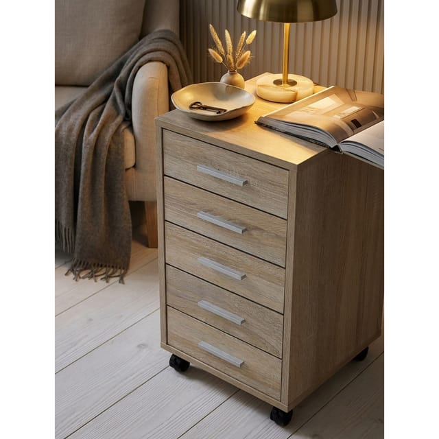 Rollcontainer Holz 5 Schubladen Schmal Mit Rollen, Sonoma 33x38x63 cm