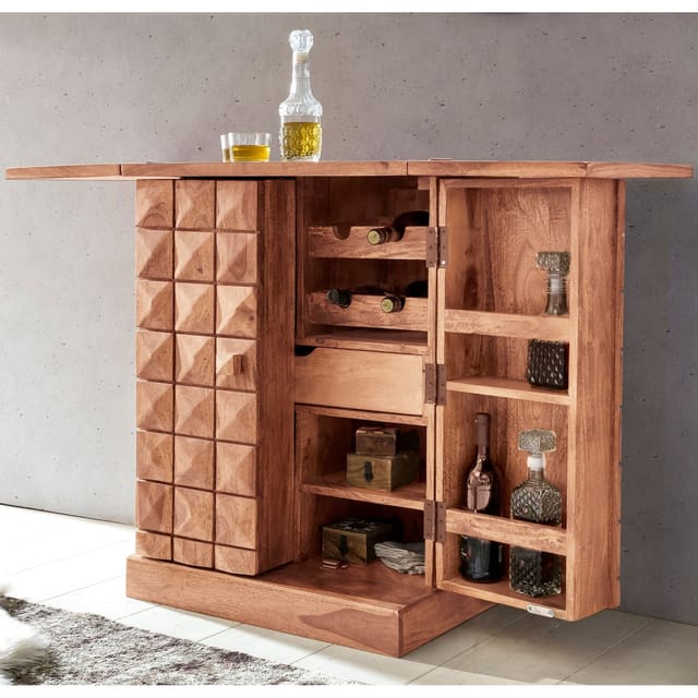 Hausbar aus Massivholz mit Klappfunktion und Stauraum für Flaschen und Gläser, Akazie 65x50x91 cm