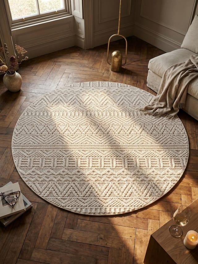 KADIMA DESIGN Teppich LANGAU Flachgewebe Ethno Streifen Boho Wohnzimmer Pflegeleicht, Rund, Höhe: 7 mm, Creme, 80x80 cm, Saugroboter OEKO-TEX Fußbodenheizung Strapazierfähig