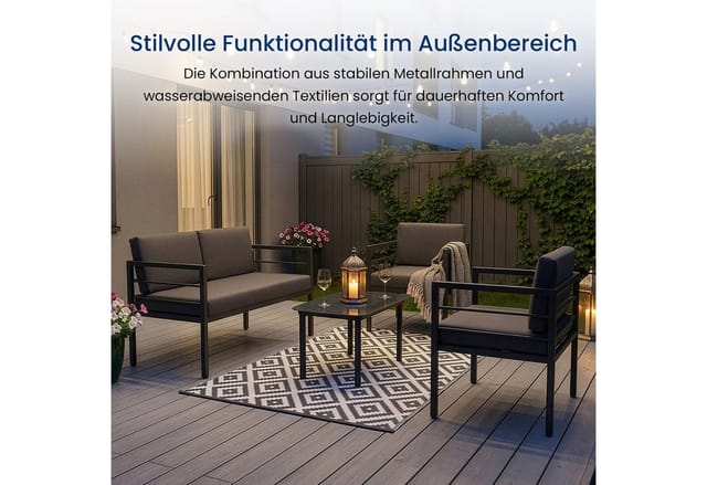 Home Collective Gartenlounge-Set Balkonmöbel Lounge Möbel Outdoor Terrassenmöbel Sitzgruppe mit Tisch, (4-teiliges Set mit 1 2-Sitzer, 2 Sesseln und 1 Tisch, inkl. abziehbarer Kissen), obustes Metallgestell und Sicherheitsglas, graue Kissen, anthrazit