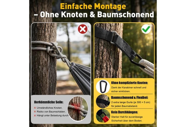 Sekey Hängematte mit Karabinern Tragetasche aus Baumwolle Doppelhängematte für Outdoor, bis 200 kg belastbar, für Garten, Balkon, Terrasse, Indoor und Camping