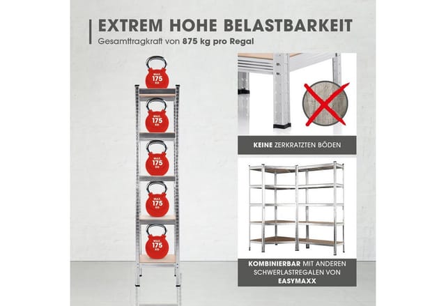 EASYmaxx Schwerlastregal 180x40x40 cm, 875 kg Traglast, 175 kg pro Ebene, 2-tlg., Kellerregal Lagerregal, 5 verstellbare Ablagen