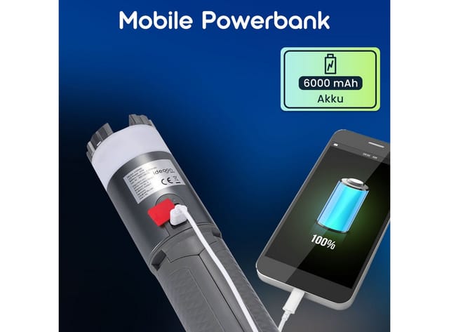 shop'n smile ideoon LED Baustrahler Outdoor Mobiler Akku Strahler mit Stativ dimmbar RGB 180° schwenkbar, LED, Akku 6000mAh, Stativ 32–115 cm, Powerbank, Aufstell-&Hängefunktion
