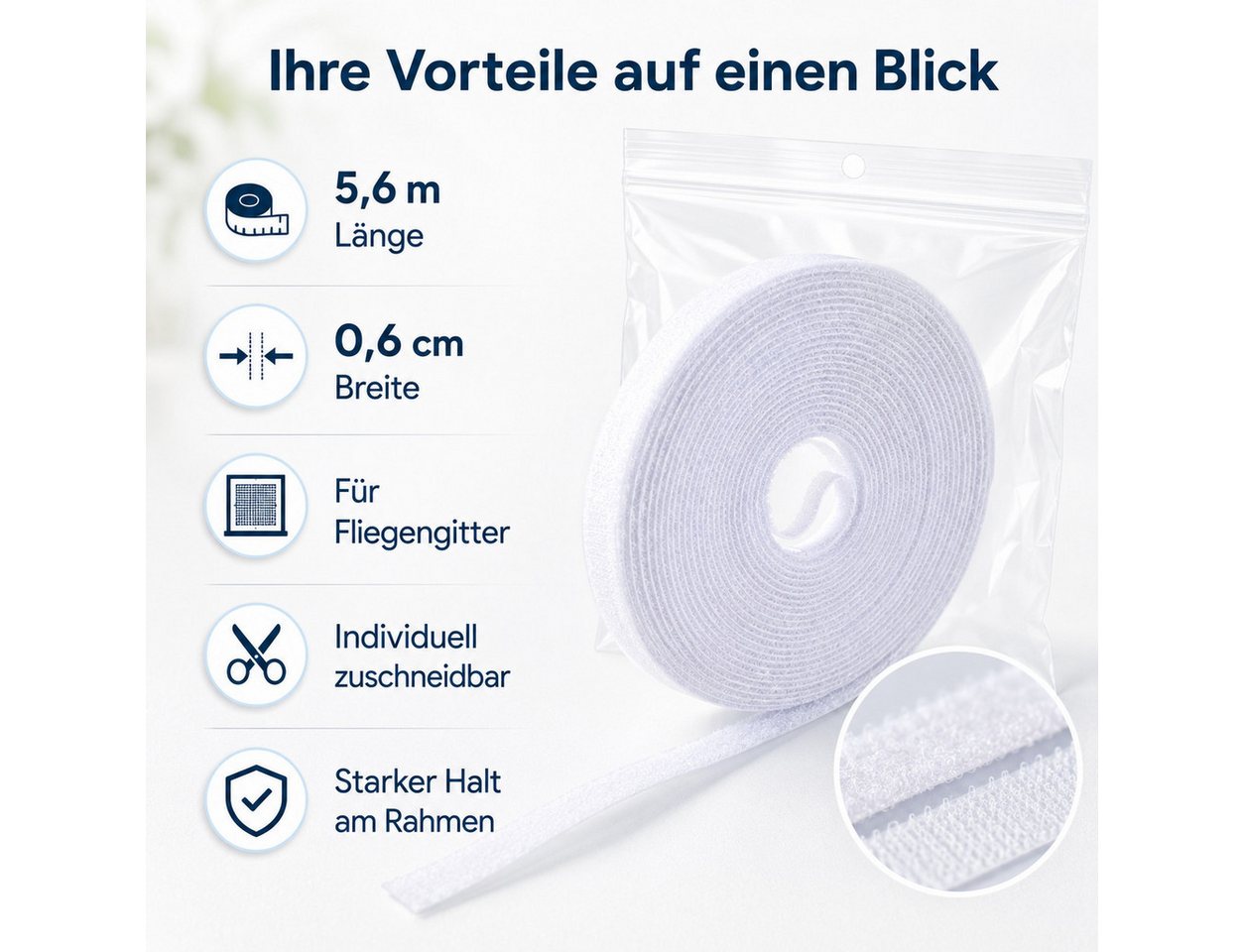 Testrut Fliegengitter-Gewebe Klettband für Fliegengitter 5,6 m x 0,6 cm Weiß, (1-St) Bild 4