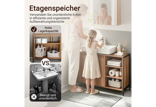 SoBuy Waschbeckenunterschrank BZR63, Waschtischunterschrank Badezimmer Unterschrank mit U-Aussparung extra lang, Breite 90cm, offene Fächer, höhenverstellbare Ablagen