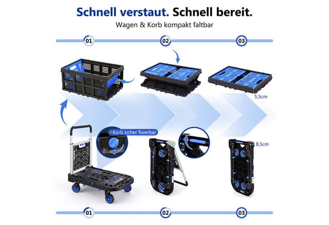 Sekey Transportwagen Plattformwagen klappbar Handgriff mit abnehmbarem Einkaufskorb, 2-in-1 Transportwagen 360° Lenkrollen, 3-Fach höhenverstellbarer Griff