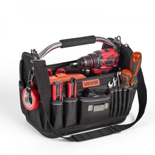VEVOR Offene Werkzeugtasche 33x20x25cm, Aufbewahrungstasche mit 14 Innen- & 19 Außenfächern, Wasserfester Werkzeug-Organizer aus Polyester mit Schultergurt & Tragegriff, Werkzeugtrage für Handwerker