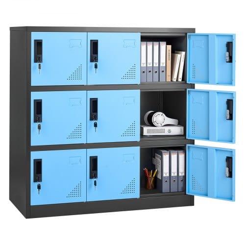 VEVOR Metallspind 3 Ebenen, Schließfachschrank, Tragkraft 30 kg, Wertfachschrank 2 Schlüssel pro Tür, Fächerschrank für Büro, Schule, Fitnessstudio, einfache Montage, 90x45x94 cm, Blau/Schwarz