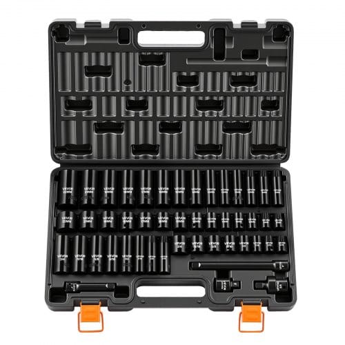 VEVOR Schlagnuss-Set, 3/8 Zoll-Antrieb, 48-tlg., Sechskant-Steckschlüssel, SAE 5/16-3/4 Zoll & Metrisch 8-19 mm, 21-22 mm, Chrom-Vanadium-Legierungsstahl, Verlängerungsstange, Adapter & Koffer