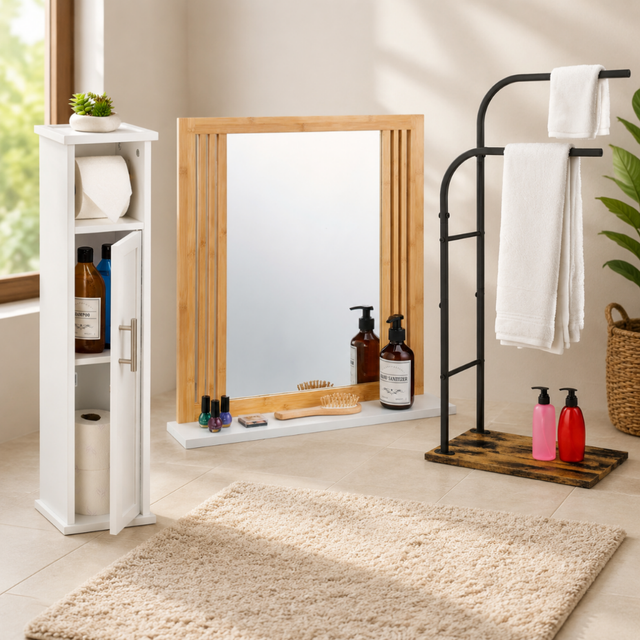 Bamboo Bathroom Storage Set (3-piece) – Mirror With Shelf, Industrial Towel Rack & Narrow Cabinet