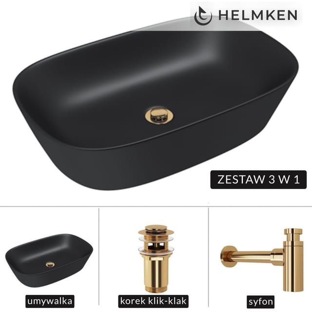 Helmken 39360001 Aufsatzwaschbecken (60x38) Schwarz + Gold Siphon + Gold Click-clack Stöpsel