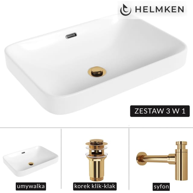 Helmken 441a52000 (52x36) Weißes Aufsatzwaschbecken + Goldfarbener Siphon + Goldfarbener Klick-klack-verschluss
