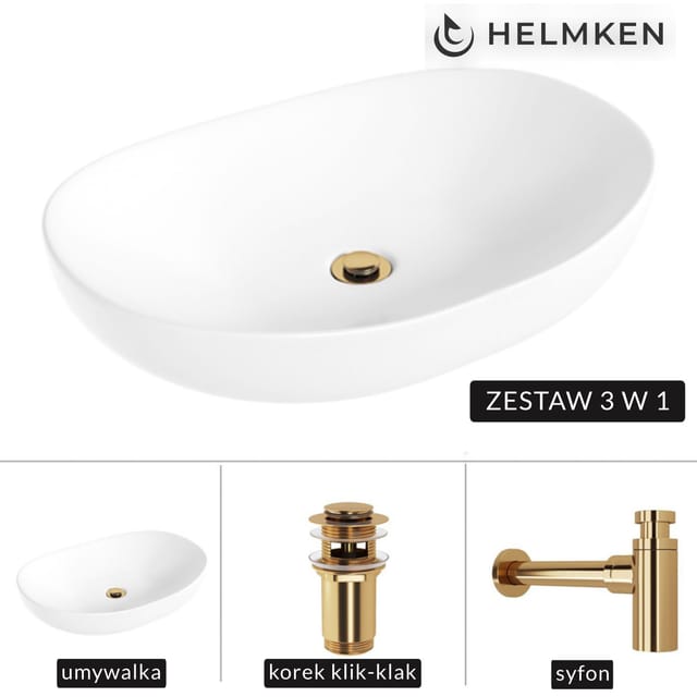 Helmken 50263000 Aufsatzwaschbecken (63x42) Weiß + Gold Siphon + Gold Click-clack Stöpsel