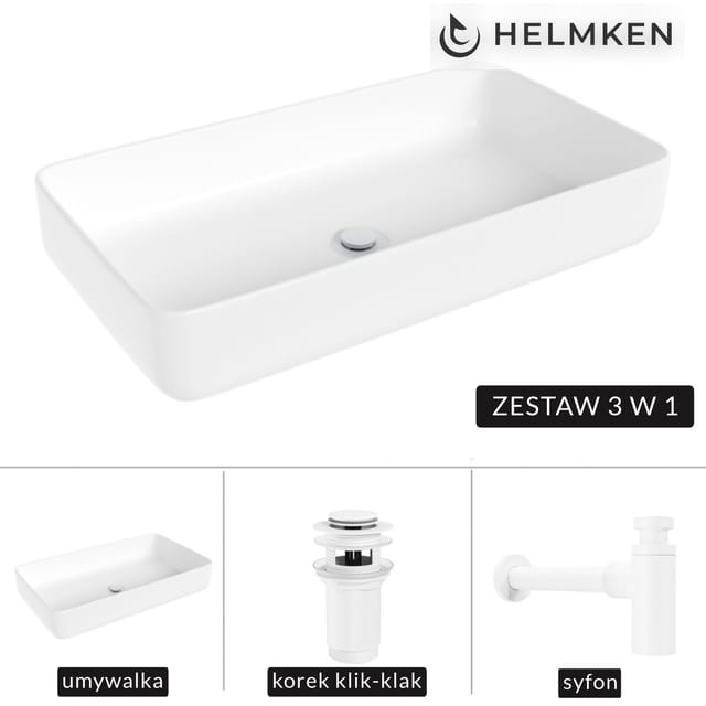 Helmken 48760000 (60x34) Weißes Aufsatzwaschbecken + Weißer Siphon + Weißer Klick-klack-steckverschluss