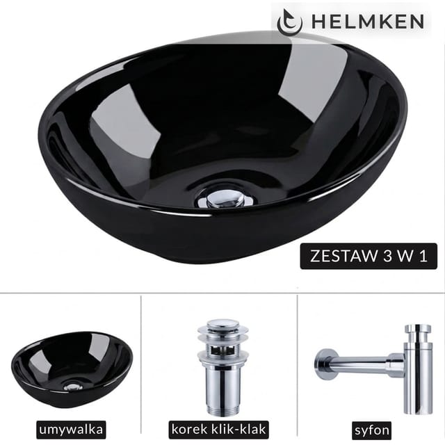 Helmken 65241001 Aufsatzwaschbecken (41x34) Schwarz + Chrom-siphon + Chrom-klick-klack-verschluss