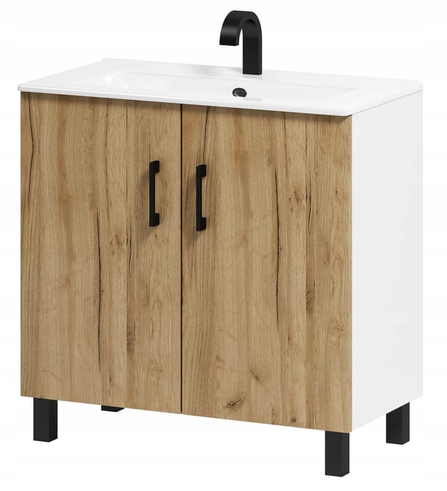 Viki 80 Badezimmerschrank Mit Waschbecken, Eiche Craft, Gold/weiß