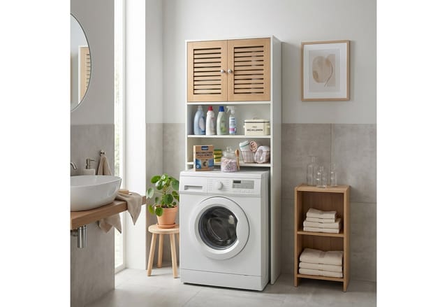 Relaxdays Waschmaschinenschrank, 4 Fächer, Regal Über Waschmaschine, Trockner, Toilette, Hxbxt: 185,5 X 65 X 24 Cm, Weiß