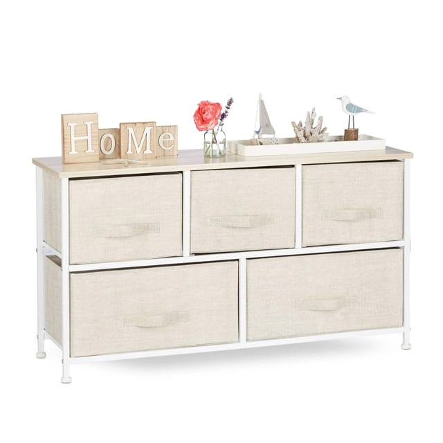 Regalsystem, 5 Stoff-schubladen, Universale Schubladenbox, Metall Und Holz, Hxbxt: 54,5 X 100 X 30 Cm, Beige - Relaxdays