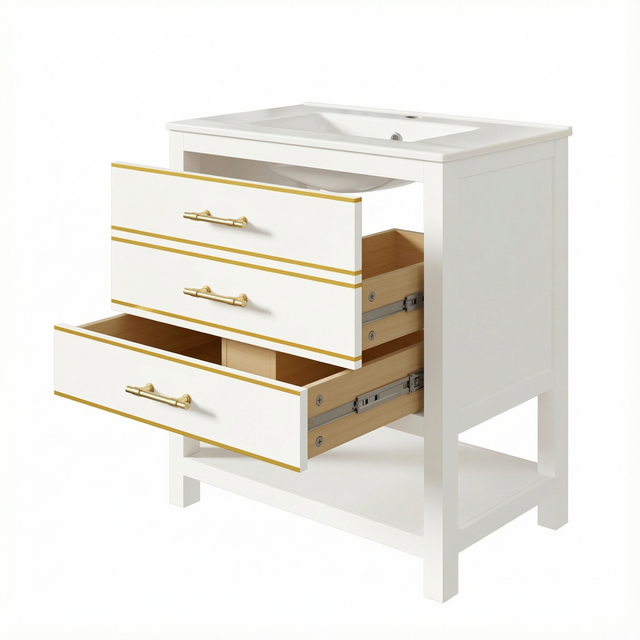 Waschtischunterschrank Mit 2 Schubladen Und 1 Offenem Fach, Keramikbecken, Aus Mdf, Weiss Und Gold, 76 Cm