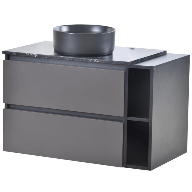 Waschtischunterschrank Haengend Mit 2 Schubladen Und 1 Offenem Fach, Aufsatzwaschbecken, Fuer Bad, Mdf, Schwarz Grau