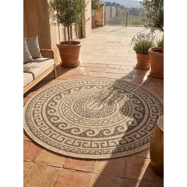 Teppich Outdoor KAUNS in Schwarz, im Vintage-Stil, aus Polypropylen, Ø 120 cm