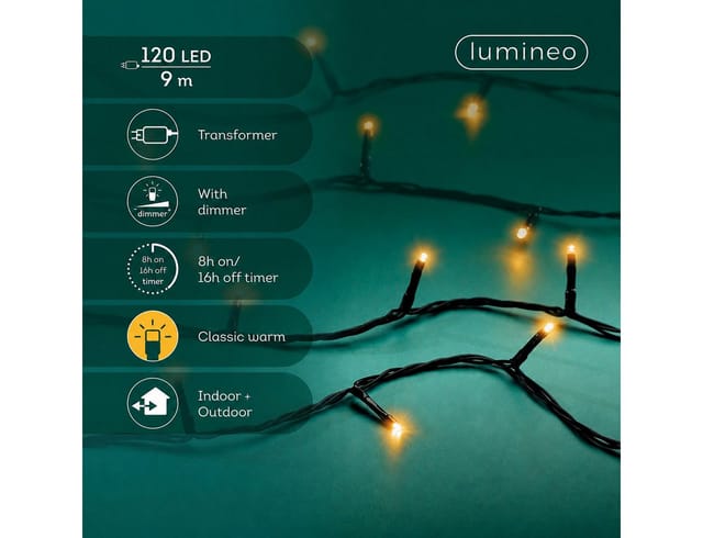 Lumineo LED-Lichterkette Lumineo Lichterkette BASIC 120 LED 9 m klassisch warm, schwarzes Kabel, Indoor/Outdoor, dimmbar, 8h-Timer, + 5 m Zuleitung