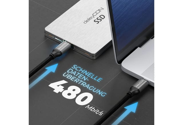 deleyCON 0,30m USB C Kabel Ladekabel PD3.0 100W Schnellladekabel USB-C auf USB-Kabel