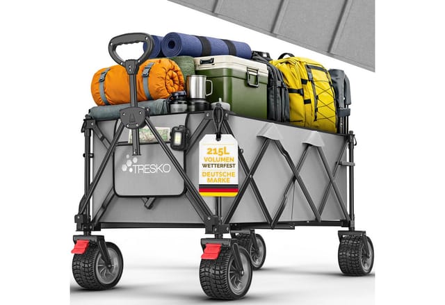 TRESKO Bollerwagen TRESKO® GV-215 Faltbarer Bollerwagen Handwagen (Faltbarer Strandwagen Extra Breite All-Terrain-Räder, Transportwagen mit Tragetasche), faltbar 215L mit Bremse Handwagen klappbar 150kg inkl. Vollgummireifen