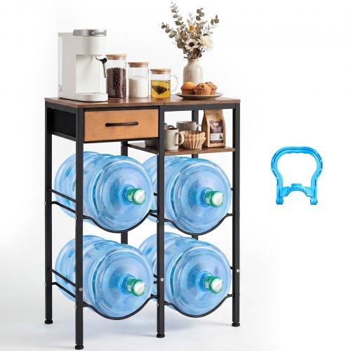 VEVOR Wasserkrughalter, 4-Stufig, Doppelreihen, für 4 Flaschen, Wasserkrugregal mit Ablagefach & Schublade, Wasserspenderregal, Wasserflaschenregal Wasserbehälterregal für Küche & Wohnzimmer