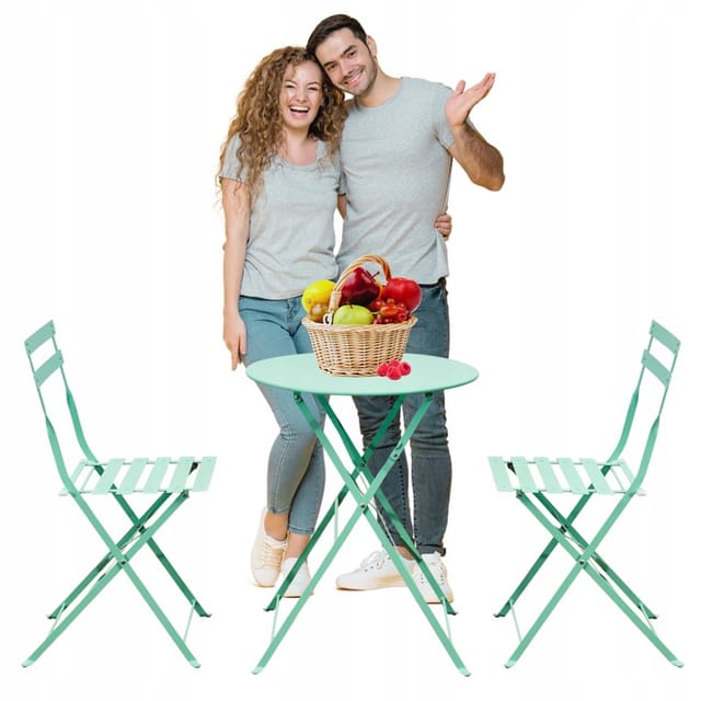 Gartenmöbelset Für Den Balkon, Tisch, 2 Stühle, Mintgrüner Stahl, Klappbar