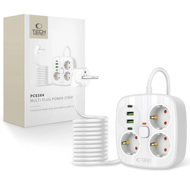 Tech-protect Pcs3x4 Steckdosenleiste, 3 Steckdosen, 2x Usb-a, 2x Usb-c, 200 Cm – Weiß