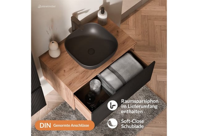 Planetmöbel Waschtisch-Set ARISA Waschtisch 80 cm mit Waschbecken 42 cm, (Waschtischunterschrank für Gäste WC & Bad, Waschbecken 42 cm), inkl. Raumsparsiphon