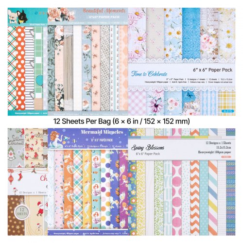 VEVOR Scrapbook-Papier, 72 Blätter 152x152 mm, Gemischtes Bastelpapier für VEVOR Stanz- & Prägemaschinen, Gemustertes Design für Dekorationen, Scrapbooking, Kartenherstellung & DIY-Bastelarbeiten