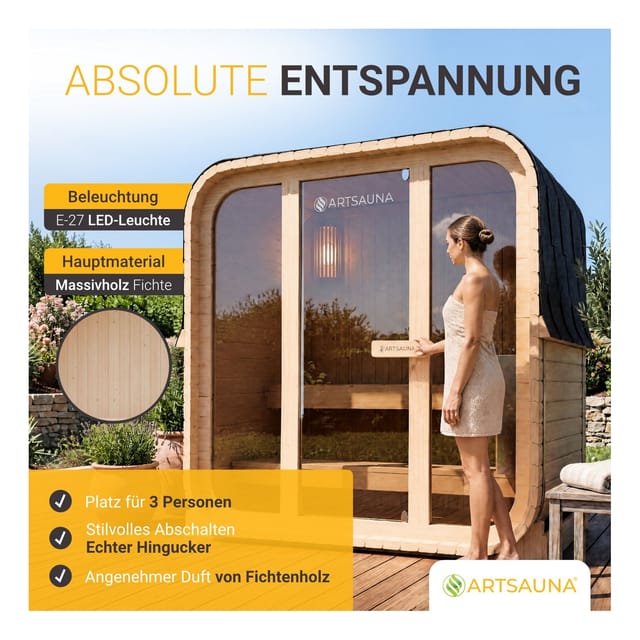 ARTSAUNA® Cube Fasssauna Fjora M Natur - Panorama-Sicherheitsglas Front, komfortable Bank mit Trittstufen, 3,6 kW Ofen, Outdoor Sauna Komplettset für 3 Personen