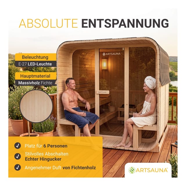 ARTSAUNA® Cube Fasssauna Fjora XL Natur - Panorama-Sicherheitsglas Front, komfortable Bank mit Trittstufen, 9 kW Ofen, Outdoor Sauna Komplettset für 6 Personen