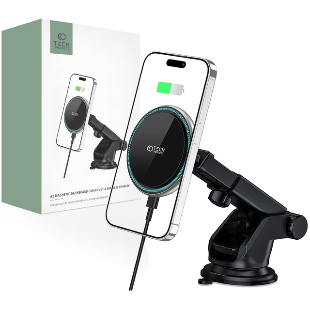 Tech-protect A2 Magnetisches Magsafe-autoladegerät Mit Kabelloser Halterung, 15 W, Schwarz