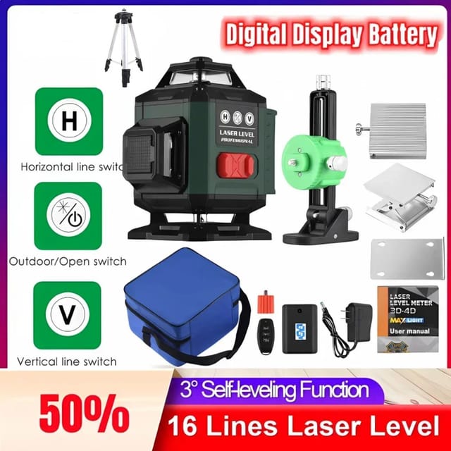 Ej.life - 4 X 360° 4d 16 Linien Laser-wasserwaage Selbstausgleichender Grüner Rotationslaser Vertikal Horizontal Selbstnivellierend Ip54 2x1200mah Akkus, Mit Stativ