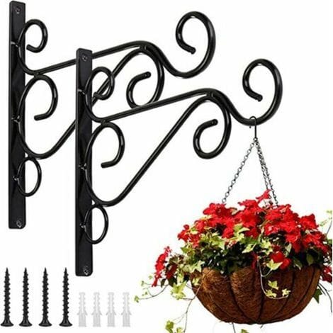 Korbständer, Wandhaken Aus Eisen, Metallaufhänger Für Den Außenbereich Mit Schrauben, Dekoration Für Botanische Gärten (2 Stück, Schwarz, 20–25 Cm)