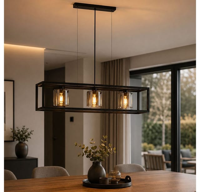 Pendelleuchte Hängelampe Esszimmerlampe Rauchoptik Schwarz Glas Metall L 110 Cm