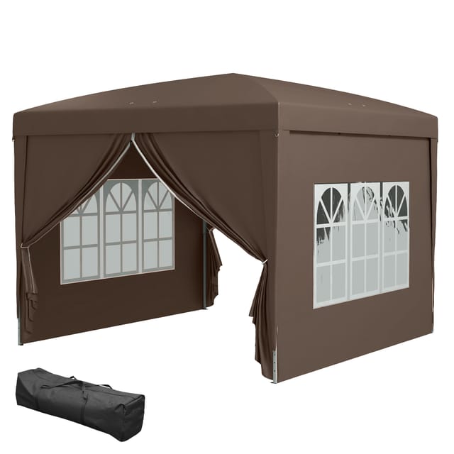 Pavillon 3 X 3 M Avec 4 Parois Latérales, Fenêtres, Tente De Fête Anti-uv, Abri De Jardin En Acier Incluant Sac De Transport, Couleur Café