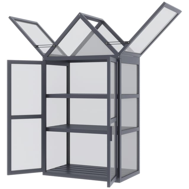 Mini-serre À Châssis Froid, 3 Étages, Bac De Culture Avec Toit À Charnières, Portes Doubles En Bois Et Polycarbonate, Résistant Aux Intempéries, Couleur Naturelle, 70,5 X 42 X 132 Cm