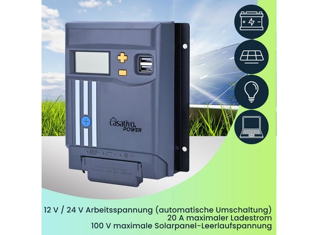 Casativo Solarladeregler MPPT Solarladeregler 20A für 12V/24V mit LCD-Display & 2 USB-Ports, 1-St., 1er-Set & 2er-Set, Effizientes MPPT-Tracking/Überspannungsschutz/für Solarpanel