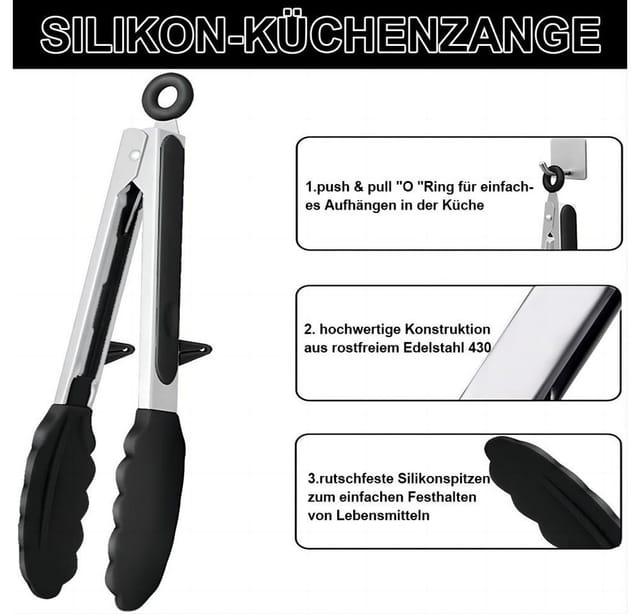TUWENA Kochzange Küchenzange Silikon 3er-Set, Edelstahl Zange Küche mit Silikonspitzen, Grillzange Silikon mit 3 Haken, Grill, Pasta & Salad Cooking Utensils