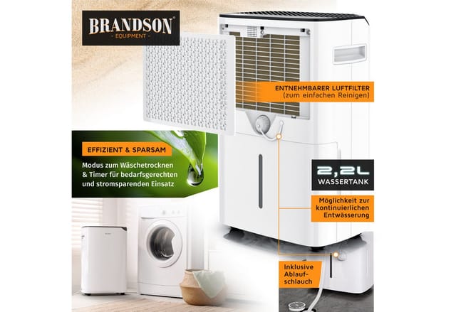 Brandson Luftentfeuchter Kompressor, 20L/24h, Raumentfeuchter, 40m², Automatik, Timer, Entfeuchtung 20 l/Tag, Tank 2.2 l, Ablaufschlauch, zum Wäschetrocknen, 2,2 l Tank, Defrost, mit Rollen